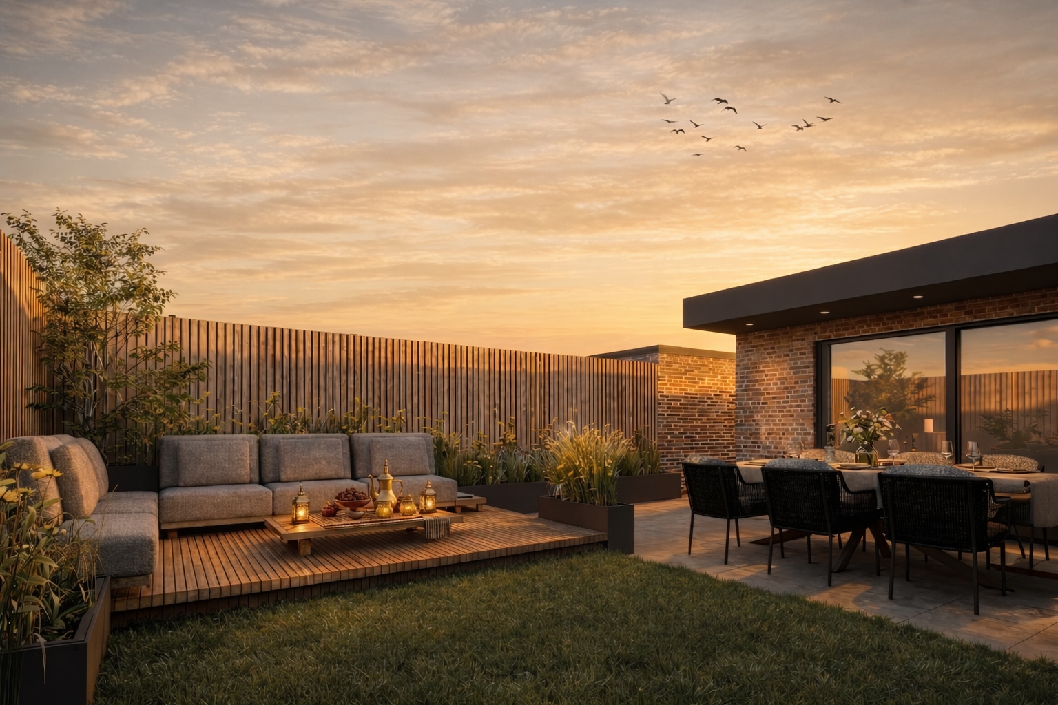 Avondtuin, Overzicht tuin met loungebank en eettafel bij sunset