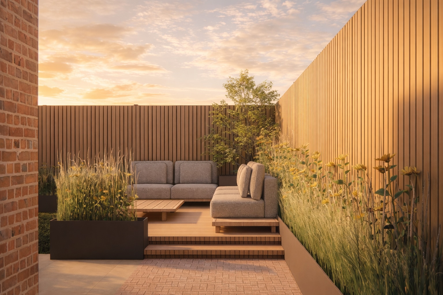 Avondtuin, loungezithoek met grassen en gele bloemen bij zonsondergang