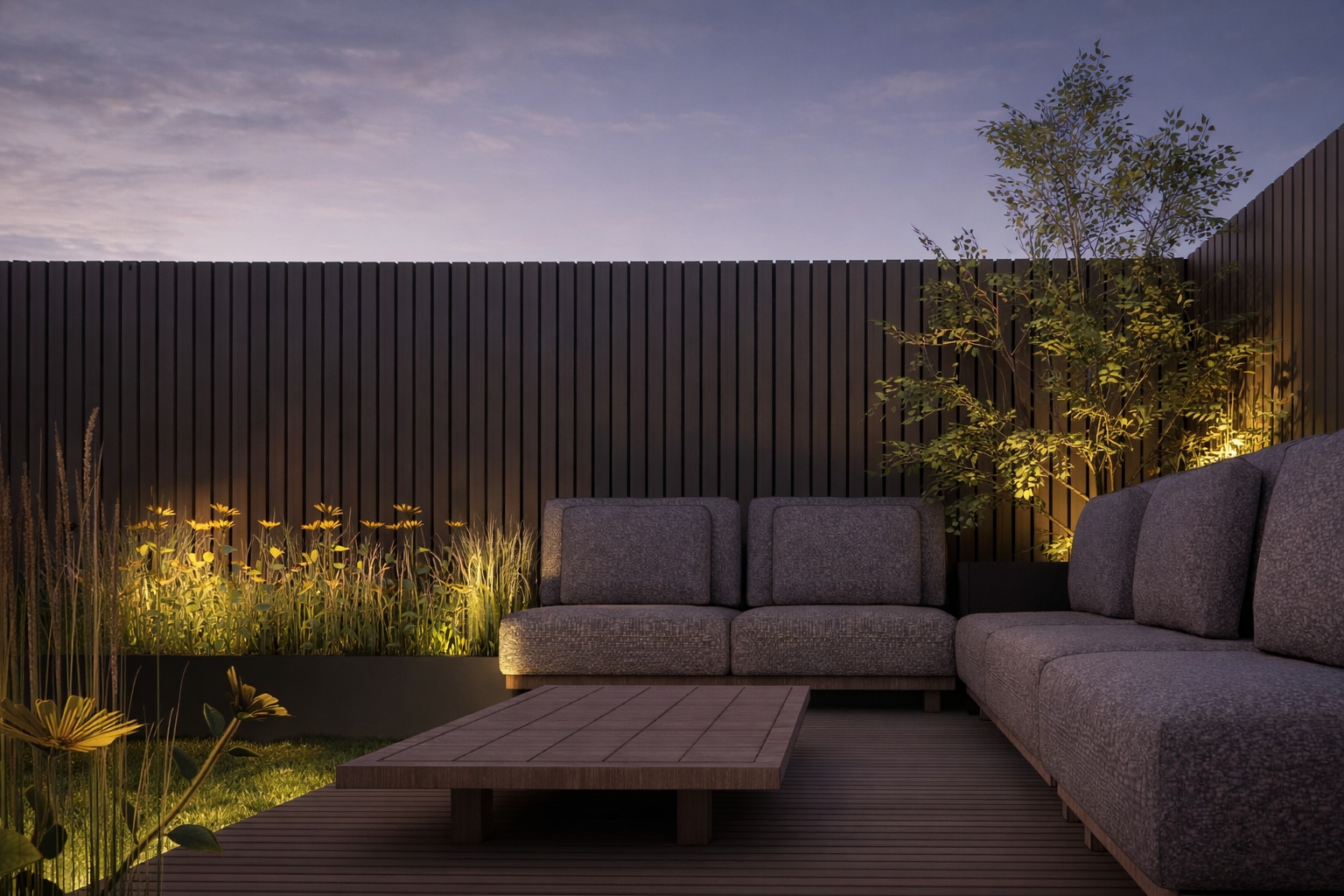 Avondtuin, Loungehoek bij nacht met tuinverlichting