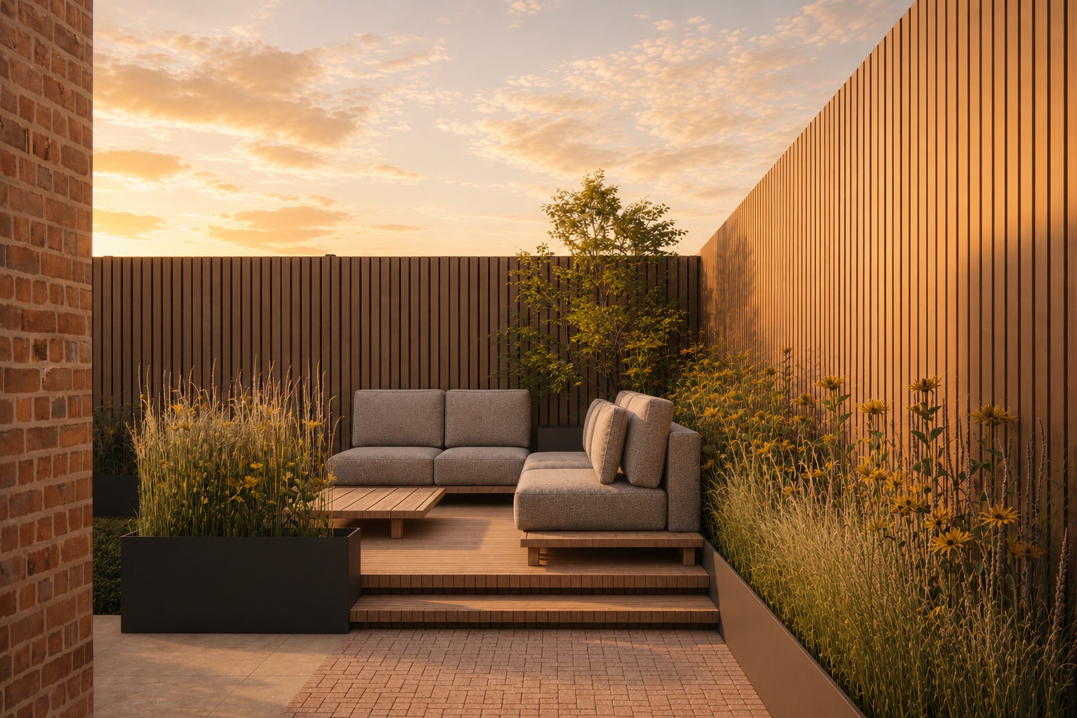Avondtuin, loungezithoek met grassen en gele bloemen bij zonsondergang