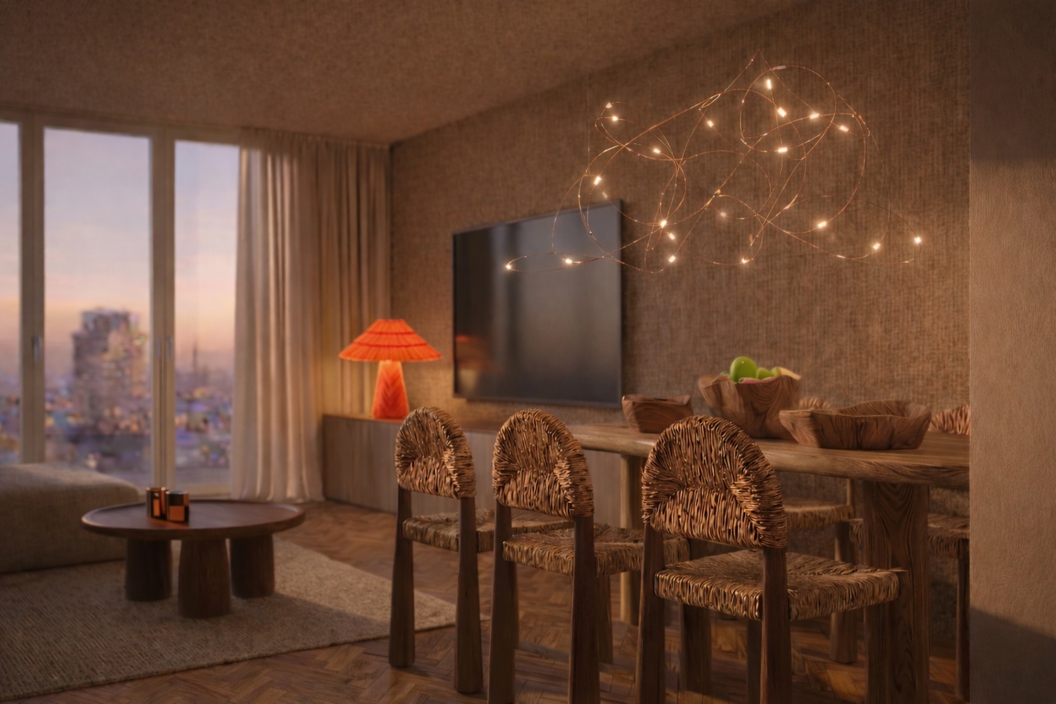 Woonkamer, warm avondinterieur met city view